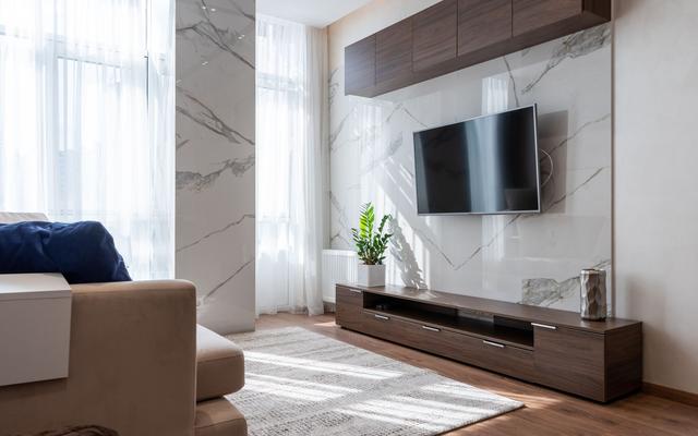 Furnished apartment living room with a wall-mounted television