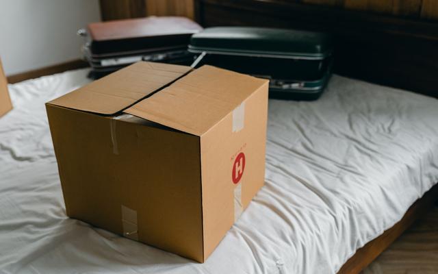 Packed suitcases and a sealed moving box on a bed