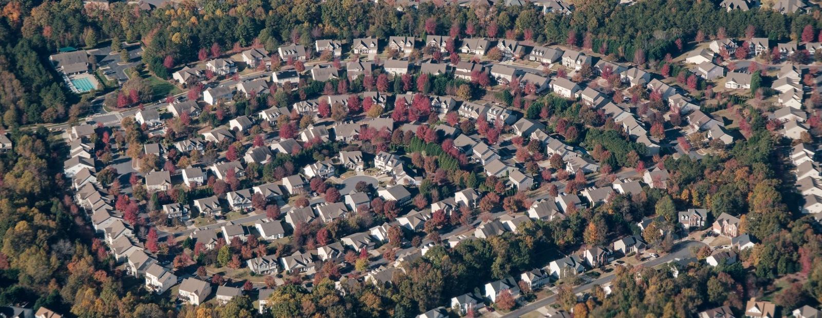 Aerial view of a curving residential subdivision
