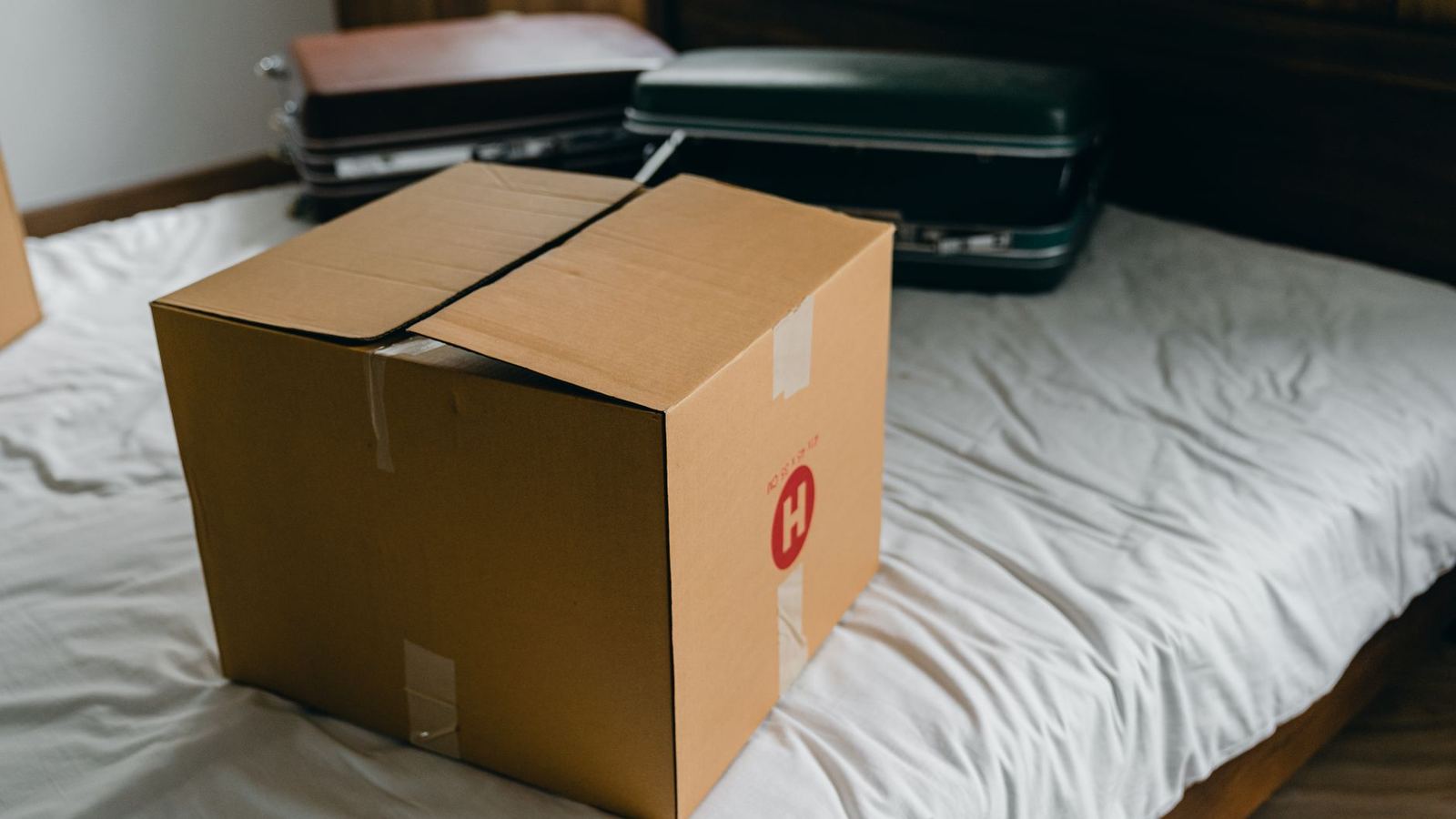 Packed suitcases and a sealed moving box on a bed